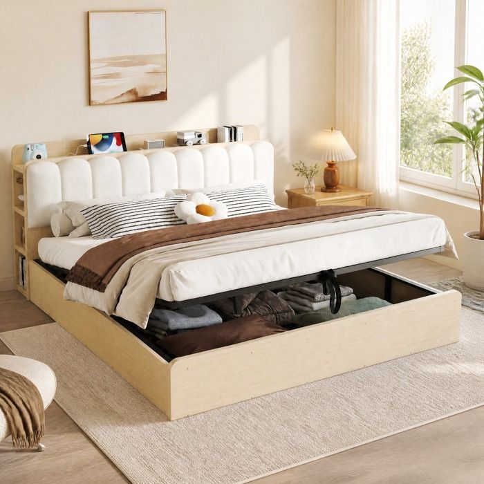 Lit coffre hydraulique 180x200 en bois avec tête de lit rembourrée rangement intégré USB TYNQER