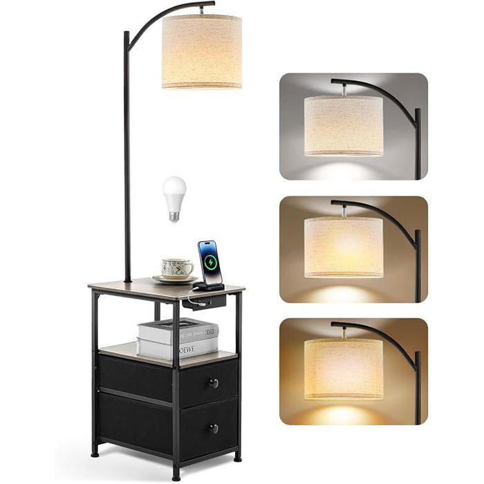Lampadaire avec Table et 2 tiroirs Lampe de Chevet avec Station de Charge USB et Type C mpadaire 3 Gris Vintage