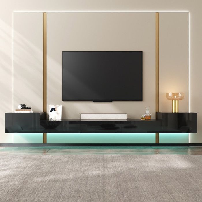 Meuble TV 245x30x26 cm Meuble TV suspendu avec portes brillantes avec éclairage LED meuble TV fermé meubles de rangement salon