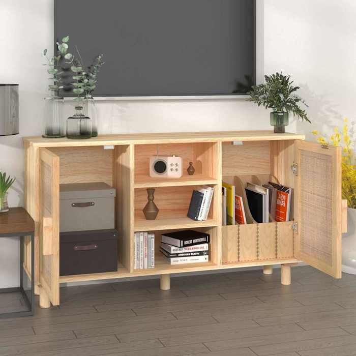 Elégance-Chic Buffet - Marron - 105x30x60 cm - Bois de pin massif et rotin naturel - Bahut de rangement - Commode_001643134