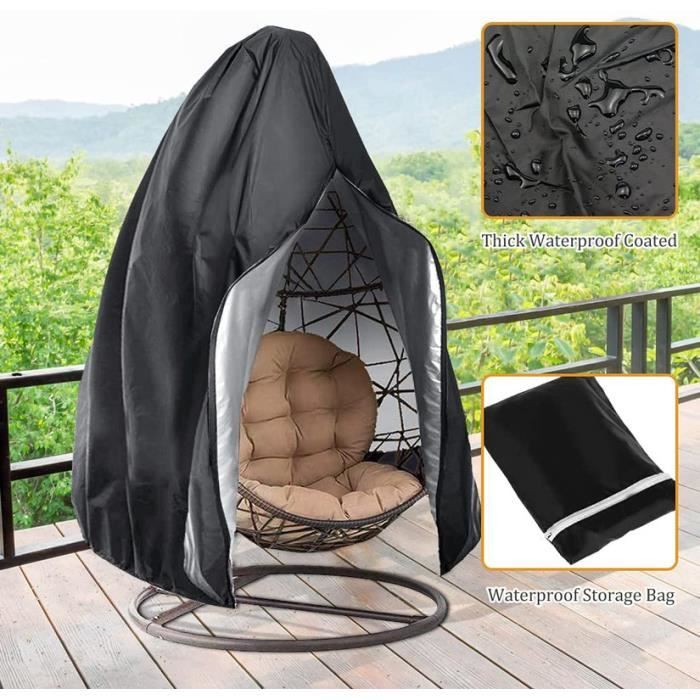 Housse de chaise œuf à fermeture éclair étanche, housse de chaise suspendue de patio, 75 x 45 pouces, tissu Oxford 210D, noir