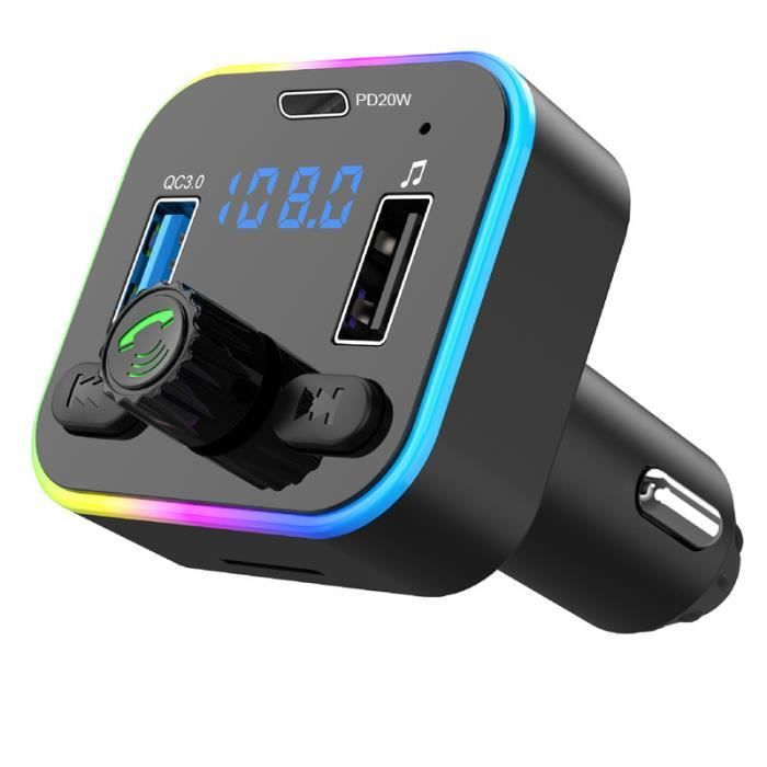 Transmetteur FM Bluetooth 5.3 Voiture - QC3.0 & PD18W - Appels Mains Libres - Affichage Tension - 9 LEDs RVB