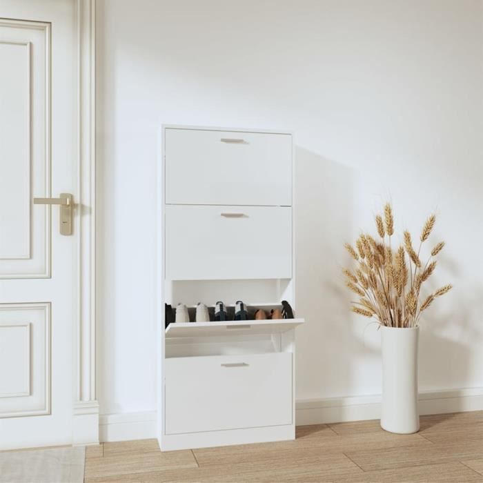 Armoire à chaussure - AKOZON - Blanc brillant - 4 tiroirs - Bois dingénierie - 59x17x150 cm