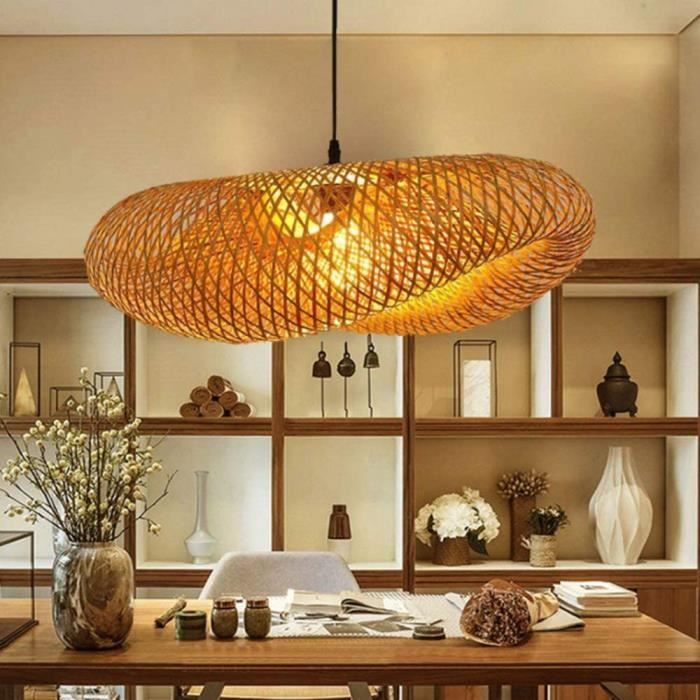 Plafonnier Tissé Rétro Lustre Tissé En Bambou Naturel Et Rotin Créatif À L'ancienne E27 Spots De Plafond Salon De Thé Restaurant Loft Lampe Salon Café Éclairage Décoratif Lumière,60cm
