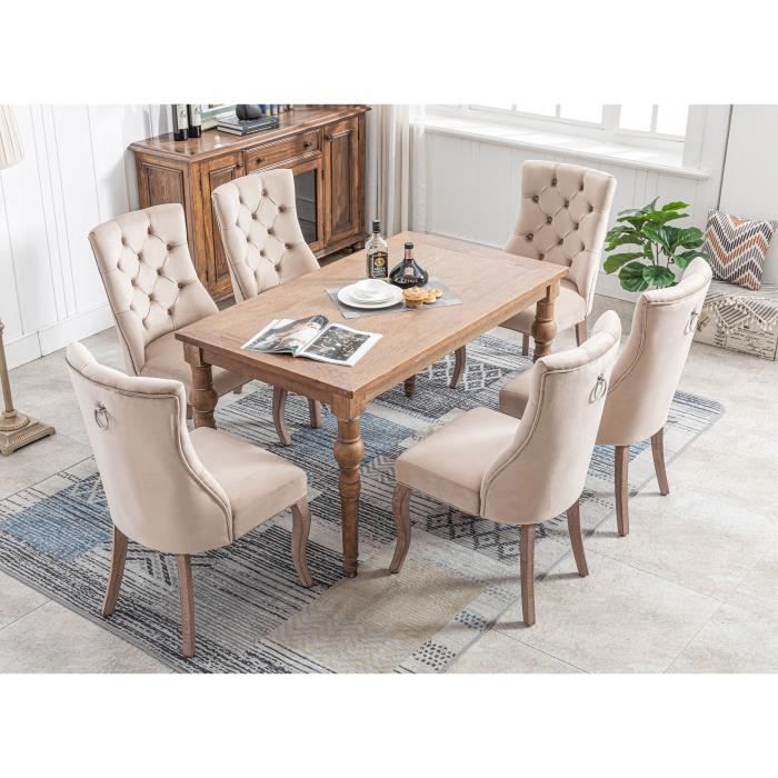 Lot de 6 Chaise de salle à manger-Fauteuils chaises - velours Beige – Pieds  en Bois –Style Scandinave – Salle à manger,salon - Cdiscount Maison