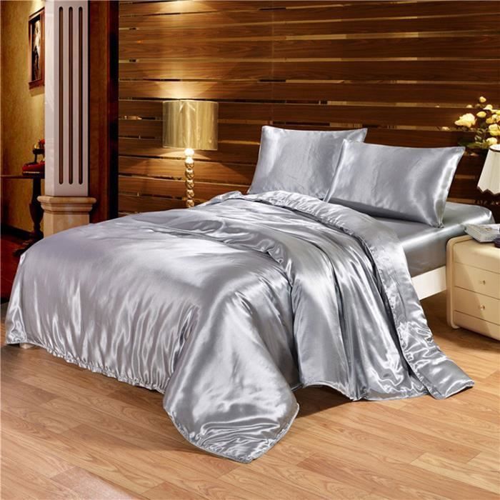 Parure de drap en Soie Satinée -Parure de lit 4 Pcs = 2 Taies doreiller 1 Drap-Housse 1 Housse de Couette -220x240cm-Gris