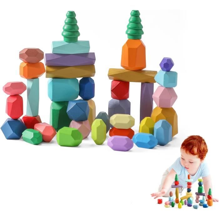 Jouets en Bois Montessori pour Enfants38 PCS Forêt Arbres Pierres empiler Pierres déquilibre Pierres de Construction