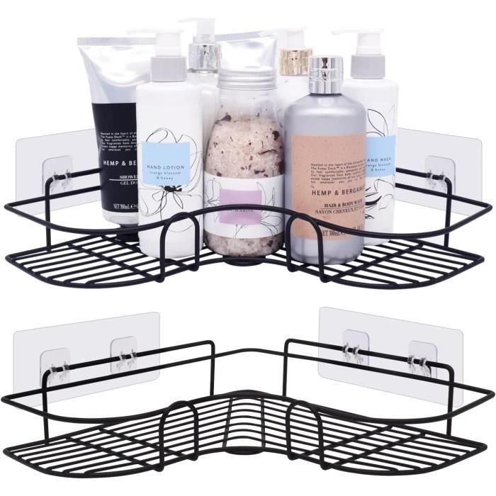 Étagère De Douche D'angle Sans Perçage - 2 Pièces, Support Jusqu'à 4 Kg, Fixation Ventouse/adhésif, Noir
