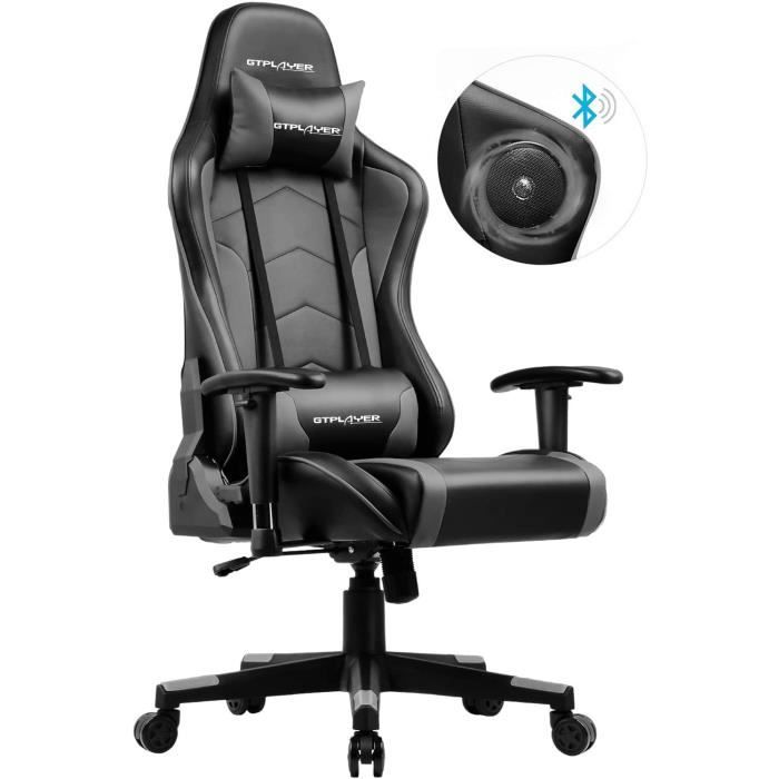 GTPLAYER Chaise gaming ergonomique  Music - PU - Noir/Gris - 84 x 65 x 29 cm