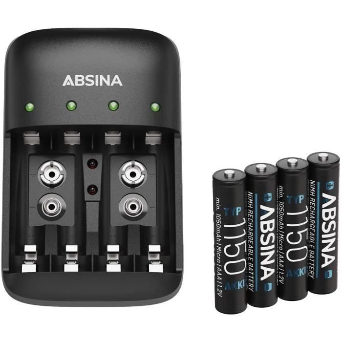 Lot Chargeur Piles Rechargeable + 4 Piles Rechargeables AAA 1150 Chargeur Pile pour AA, AAA 9V
