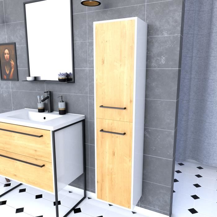 Colonne de salle de bain blanche 30x35x150 cm avec 2 portes chêne naturel et poignées noir mat - STRUCTURA P037