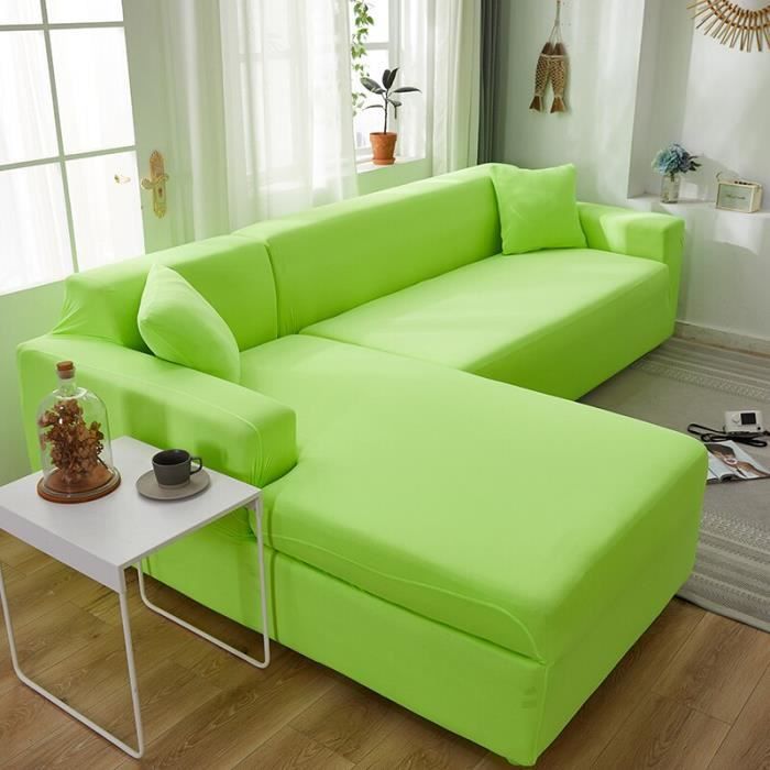 Housse Canapé D'angle Velours - Protection Extensible 1 Place (90-140cm) Vert Foncé