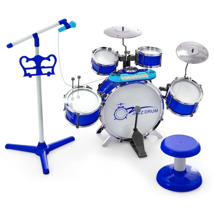 COSTWAY Batterie Jazz pour Enfant avec 5 Tambours, 2 Cymbales,  Tabouret,Clavier 8 Clés Tambours Angle Inclinable Microphone Bleu -  Cdiscount Jeux - Jouets