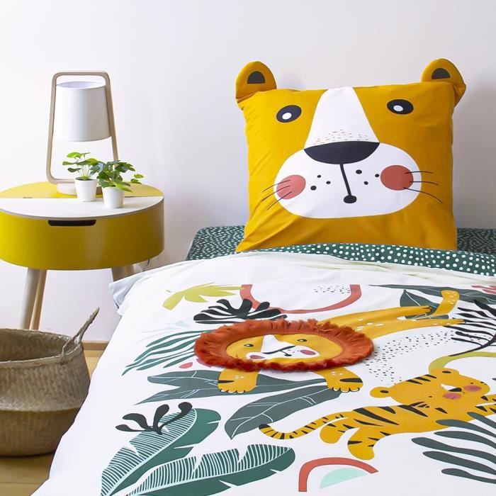 CÔTE DECO Parure de lit Enfant Réversible Lion Vert et Jaune Housse de Couette 140x200cm + 1 taie d'oreiller 63x53cm 100% Coton