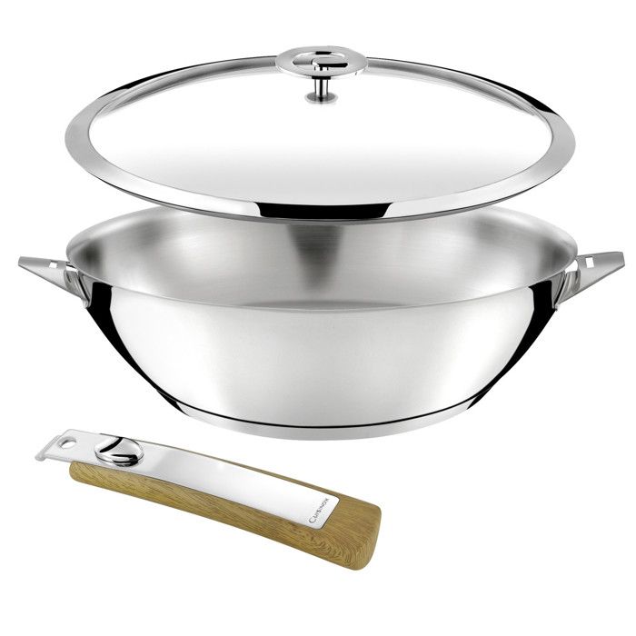 Eclipse - Set 1 wok 28cm inox avec couvercle 1 poignée amovible effet bois