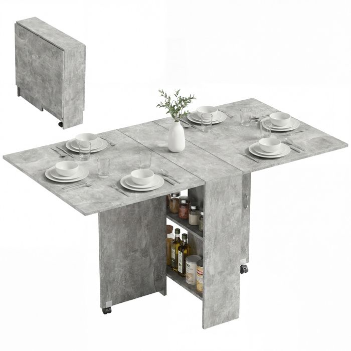 Table pliante - HOMCOM - cuisine salle à manger amovible sur roulettes 2 étagères intégrées - bois - 75x140x74cm - gris