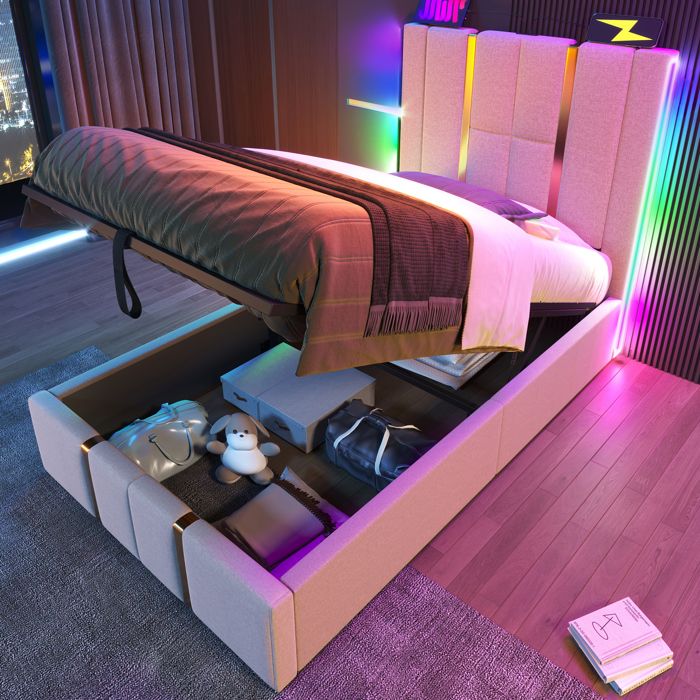 Vepssder Lit Rembourré 90 X 200 Cm Avec éclairage LED,lit Coffre Avec