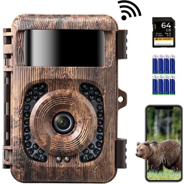 K&F CONCEPT Caméra de Chasse Nocturne 4K WiFi Infrarouge Invisible Etanche pour Observation d'animaux Sauvages + 64G Carte Micro SD
