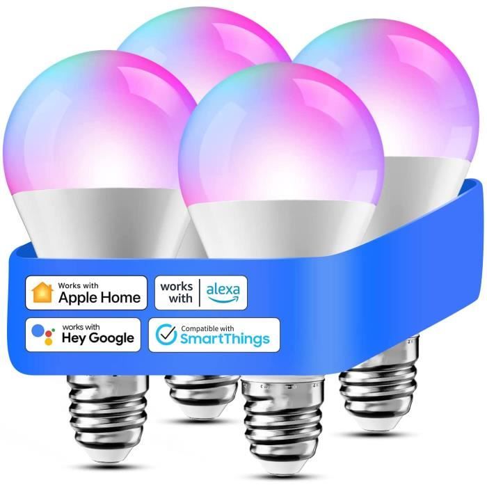 Ampoule Connectée, LED Intelligente Compatible avec Apple HomeKit, Siri,  Alexa, Google Home et SmartThings, E27 2700K-6500K RGBCW Ampoule Wi-Fi  Dimmable Multicolore (1) 