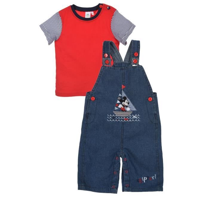 Ensemble Salopette en Jeans et T-Shirt bébé garçon Mickey Bleu et Rouge de 3 à 24mois 