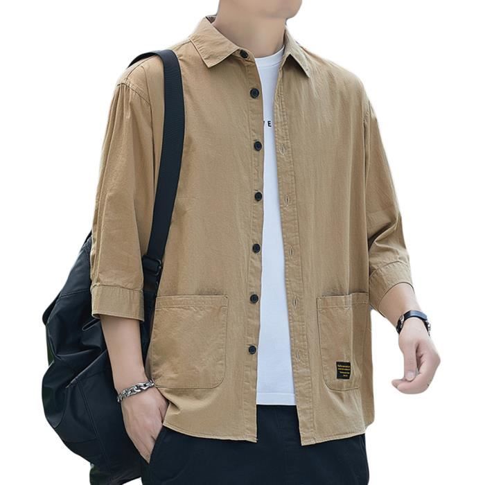 Chemise Homme Cargo en Coton Casual Manches 3 4 Boutons Couleur