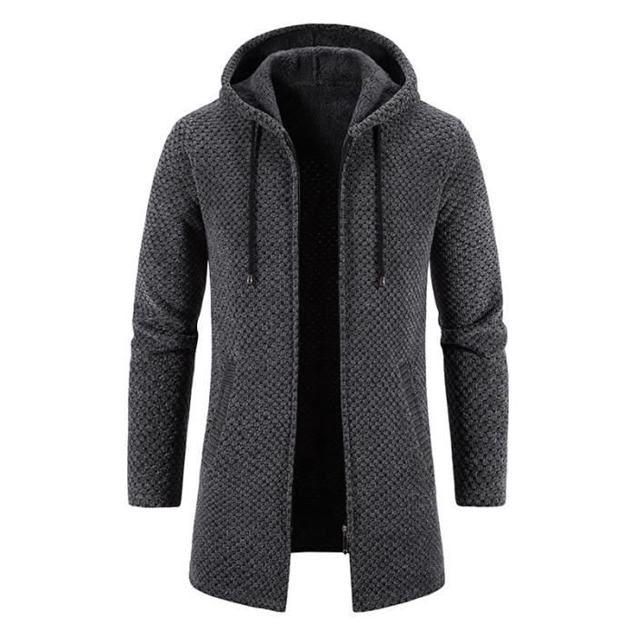 Gilet Homme Hiver Capuche en Tricot Chaud Doublé Polaire Cardigan