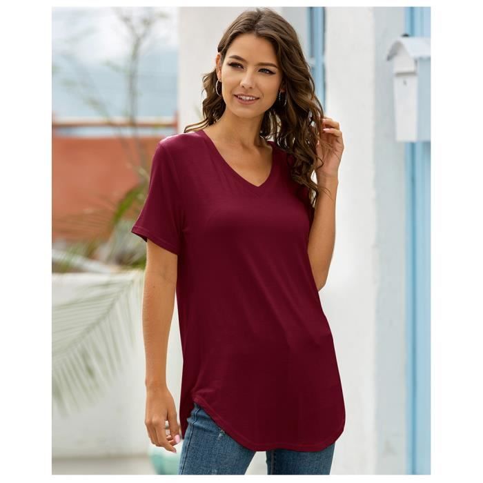 T Shirt Femme A Manches Courtes Tee Shirt Femme Col en V T Shirt Femme D ete Laches Hauts Tuniques De Base Rouge Rouge Cdiscount Pret a Porter
