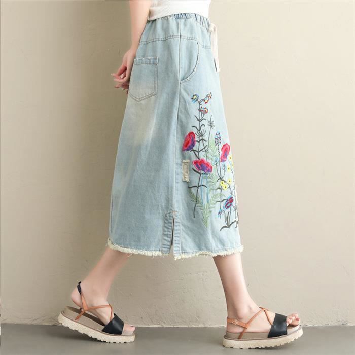 Jupe Vintage Turquoise En Coton Brodée Main – Taille S-M, Style Décontracté Printemps/été