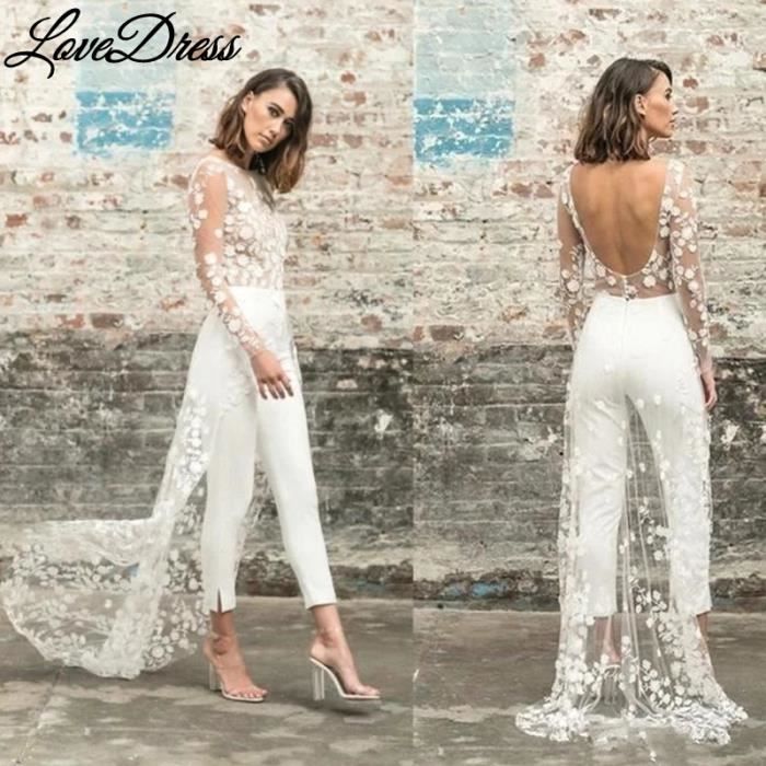 Costumes de pantalon de mariage dos ouvert pour les maries appliques en dentelle manches longues combinaisons pour blanc Blanc Cdiscount Pret a Porter