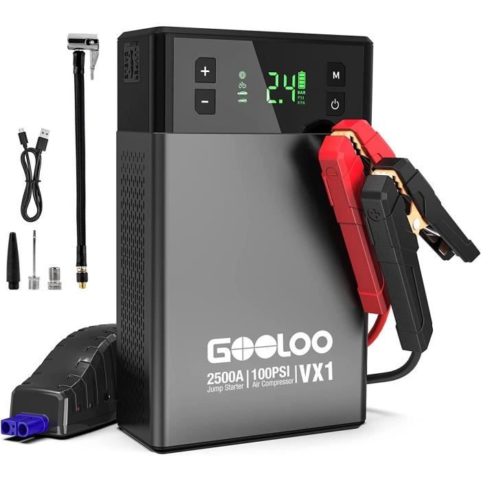 GOOLOO Booster Batterie Voiture 2500A VX1 Portable Jump Starter Démarreur Voiture avec Pinces Supersafe Intelligentes (Essence 8,5L