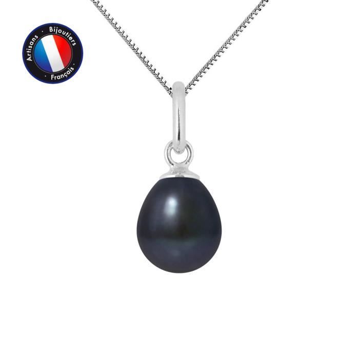 Pendentif - PERLINEA - Véritable Perle de Culture Noire 7-8 mm - Or Blanc - Chaîne Argent Offerte Pendentif - PERLINEA - Véritable Perle de Culture Noire 7-8 mm - Or Blanc - Chaîne Argent Offerte