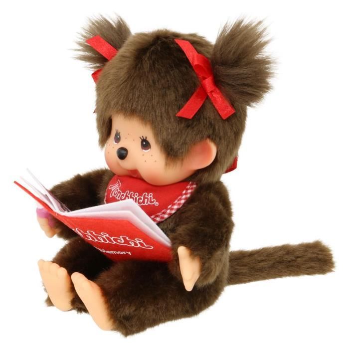 monchhichi - sekiguchi - fille avec un livre - bavette rouge - poupée en peluche de 20 cm