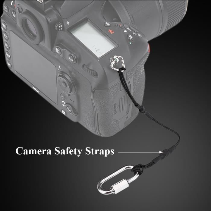 Lot De 2 Attaches Caméra Avec Mousqueton – Double Sécurité Pour Reflex, Compact, GoPro – Fixation Œillet + Sangle