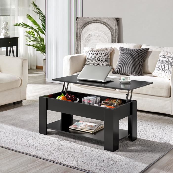 Table Basse avec Plateau Relevable en Pin - YAHEETECH - Moderne - Noir Table Basse avec Plateau Relevable en Pin - YAHEETECH - Moderne - Noir