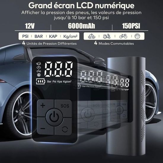 Compresseur Air Portatif 150PSI - Pompe à Pneus Sans Fil Avec écran LCD - 6000mAh Accessoire Automobile