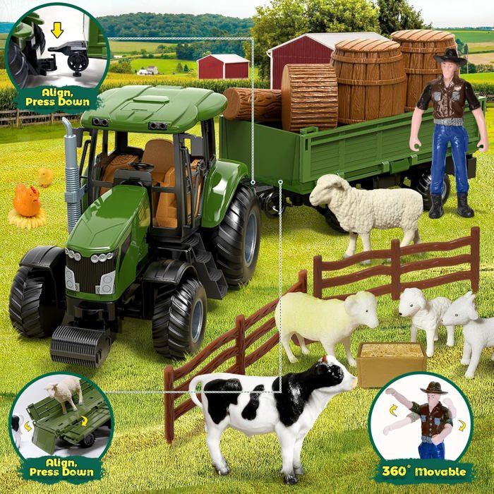 Tracteur Télécommandé Enfant 2.4 GHz – Avec Remorque électrique, Lumières, Animaux, Foin – Cadeau Ferme 3-7 Ans