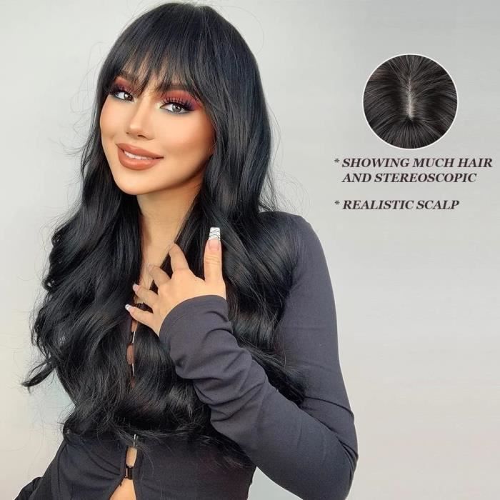 Perruque Synthétique Longue Noire à Frange Bouclée - Pour Femme - Ondulée + Bonnet Inclus
