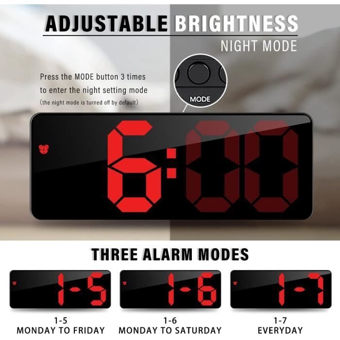 Réveil Numérique,Horloge Numérique 6,7 LED Horloge Digitale Réveil avec  Température/Activation vocale/Non Ticking/Snooze/Datetime Luminosité  Réglable