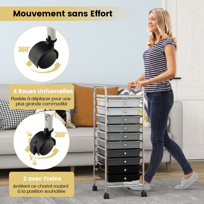 Tour/chariot de rangement profond Type A à 5 tiroirs avec roulettes, cadre gris