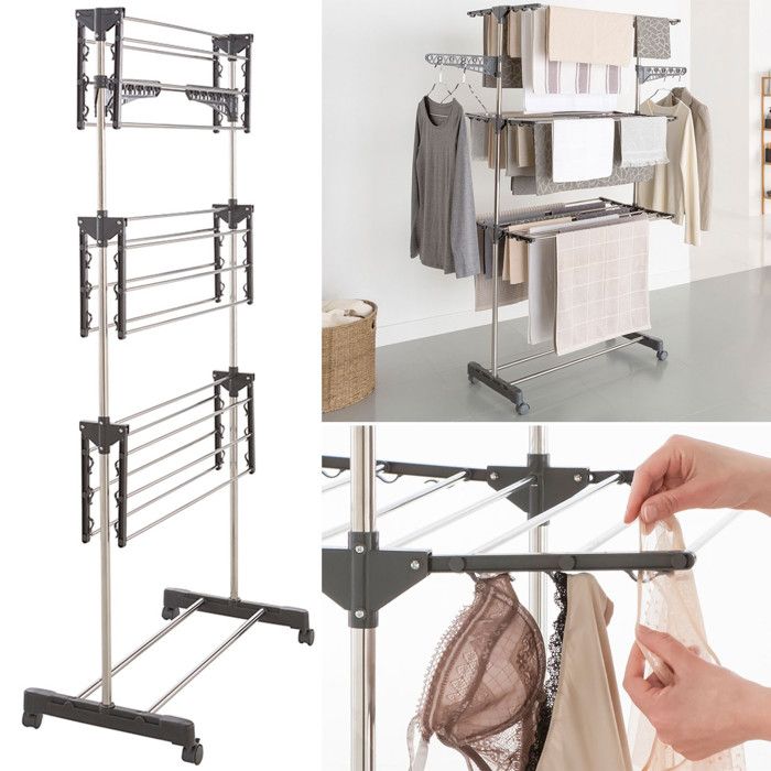 Séchoir À Linge Inox Maxima Gris Étendoir Pliable H.145 Cm + 30