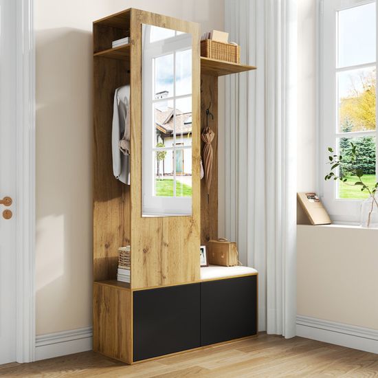 Penderie Fermée BTM Portemanteaux Pour Entrée, Ensemble De Garde - Meuble Chaussure Entree, Robe Avec Crochets à 4 Niveaux, Miroir, Armoire à Chaussures, Armoire Meuble Chaussure Miroir