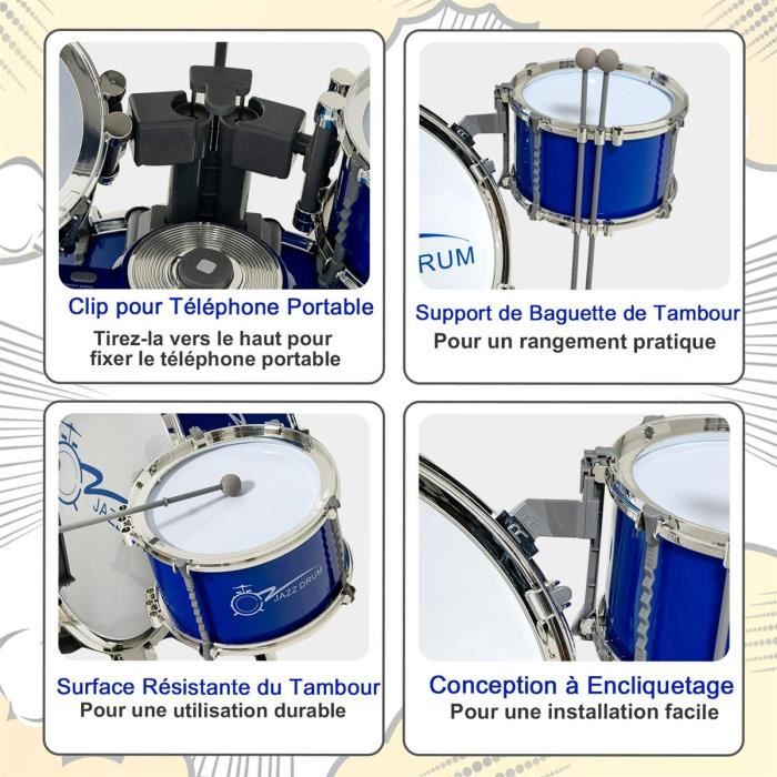 Kit De Batterie Pour Enfant, 7 Tambours Pour Enfants Jazz Drum Set Même  Vibration Haute Résistance Sonore Pour 3 Ans Au-dessus 