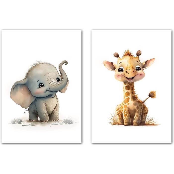 Ensemble de 3 posters Safari pour la chambre d'enfant, format A3/A4 - Images d'animaux de la jungle : éléphant et girafe - décoration murale neutre pour les chambres d'enfants de filles et