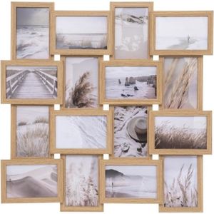 Cadre photo pêle-mêle 4 photos en bois blanc et naturel avec c?ur bois  sculpté 45x45cm, Cadres
