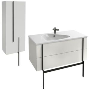 MEUBLE VASQUE - PLAN Meuble lavabo simple vasque 100 cm JACOB DELAFON Nouvelle Vague blanc brillant + colonne de salle de bain 2 portes + pied