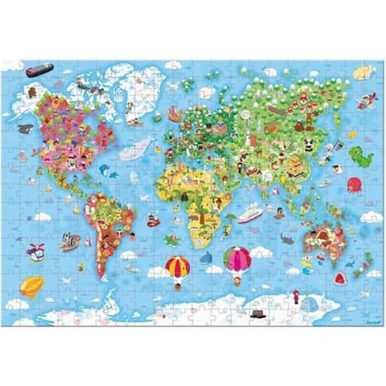 Puzzle Carte du Monde 300 pièces - JANOD - Voyage et cartes - Bleu et Vert - Enfant