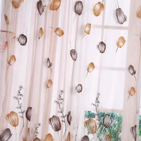Rideau En Tulle Imprimé Tulipes - 100x200cm, Polyester, Transparent, Décoration Salon/chambre/balcon - 9
