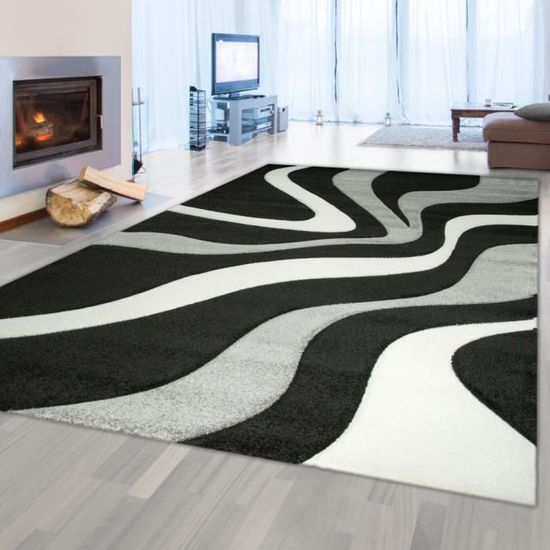Tapis de salon design avec motif de vagues | entretien facile | noir gris blanc  - 60x110 cm