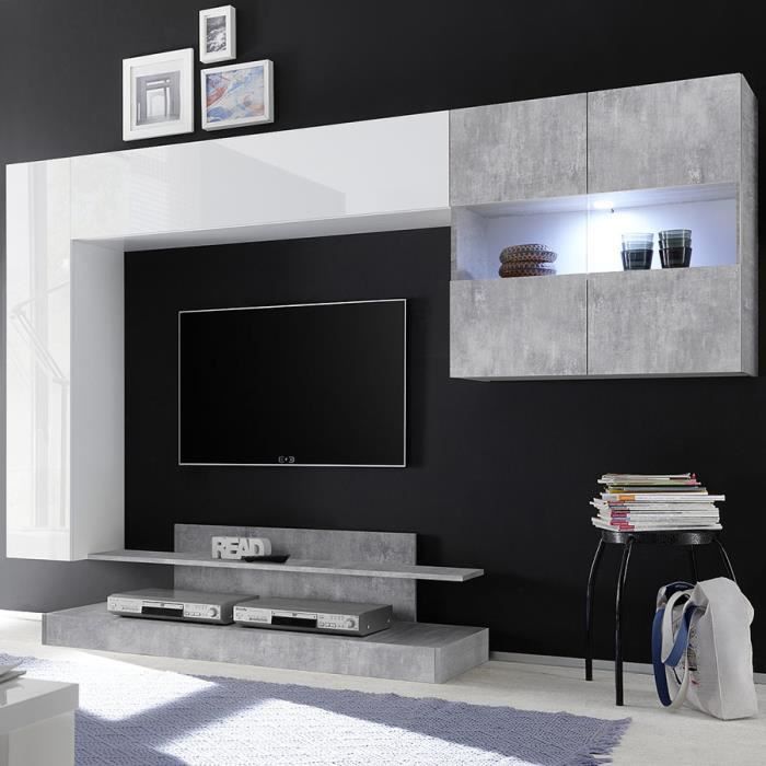 Meuble TV suspendu led design blanc laqué et gris PICERNO Blanc L 248 x P 42 x H 175 cm