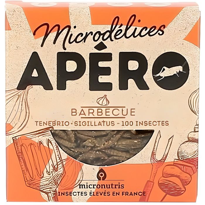 Mélange de ténébrions et grillons déshydratés saveur barbecue pour l'apéritif.